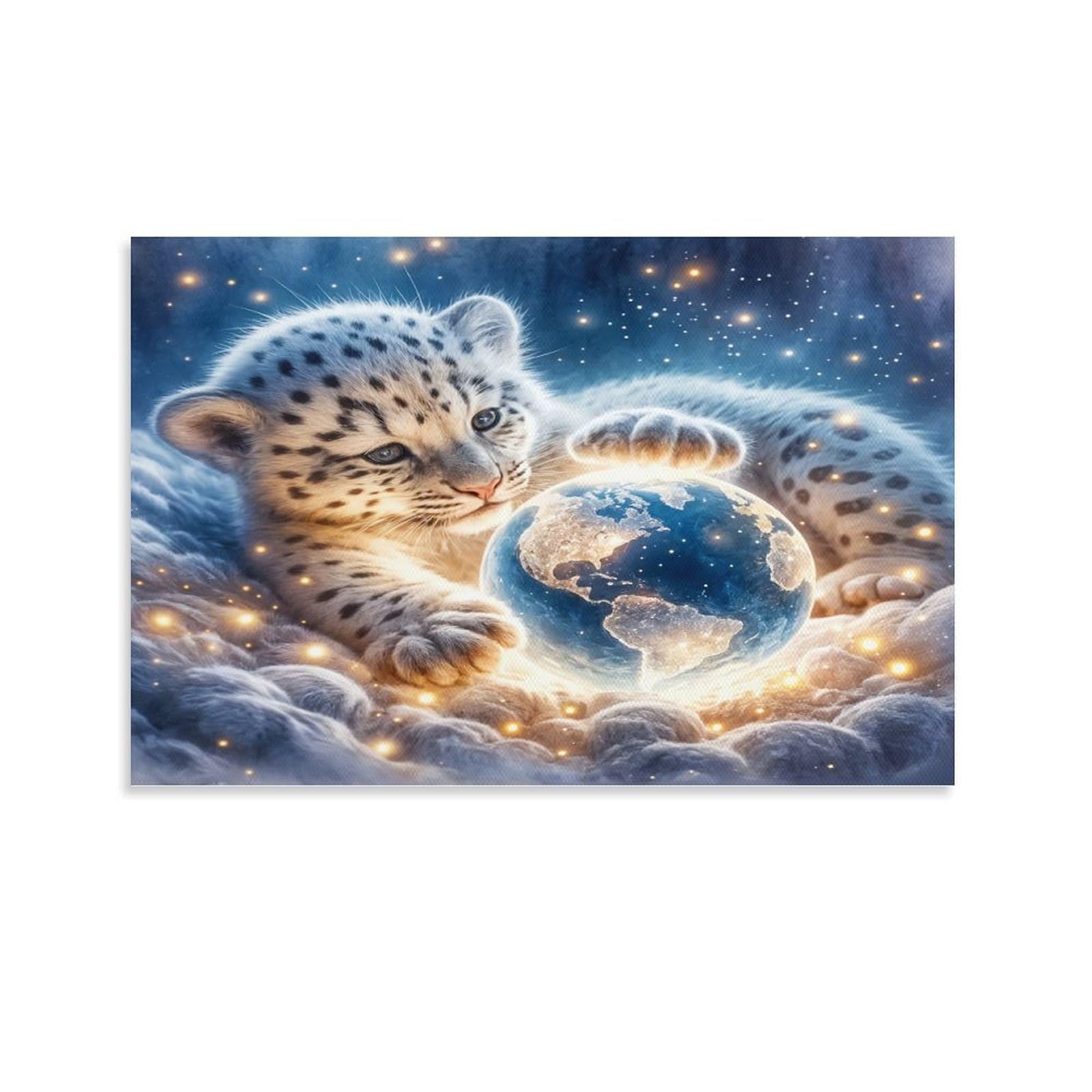 CPLVKWRQJ Snow Leopard Cub Individual Snow Leopard Cub Glowing Globe Fluffy Clouds Canvas Wall Hanging - Office Wall Focal Art Fade Resistant Statement Piece Decor 24x36inch(60x90cm)