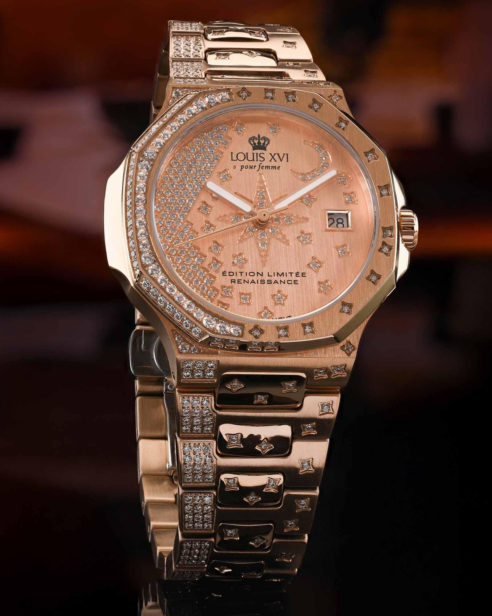 LOUIS XVI Renaissance Femme 6110 - Ø 35 mm - Damen Uhr - Wasserdicht - Armband Roségold - Zifferblatt Stars Edition Roségold mit Diamanten - Schweizer Quarzwerk