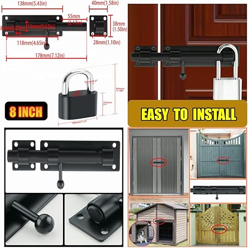 Miniatura 6 de Alise Pestillo de puerta deslizante con candado, pernos de barril resistentes de 8 pulgadas, herrajes de puerta de doble cara para valla de madera,
