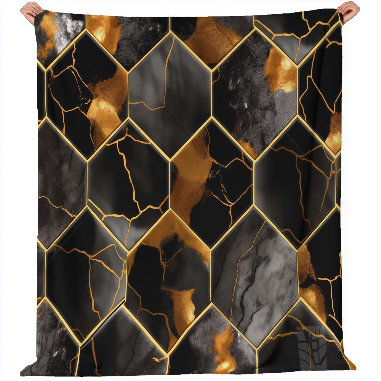 Coperta in pile 200 x 220 cm Eleganti Esagoni Di Lusso, Coperta in pile Nero in flanella per 2 persone, stampati, morbidi e caldi per divano letto