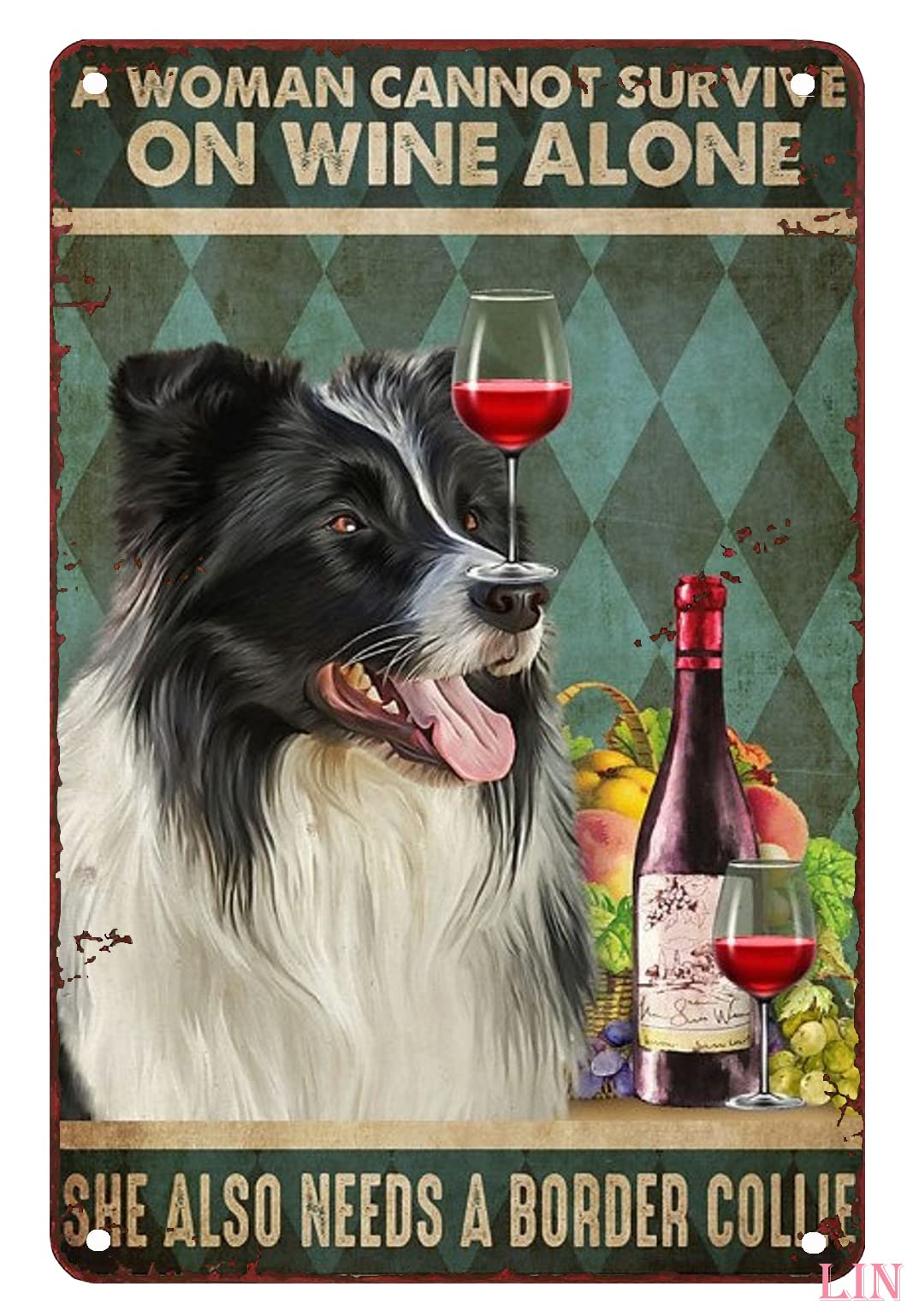 Yivxa Tin-2348 Metal Decoration For Outside Wall A Woman Cannot Survive On Wine Alone She Also Needs A Border Collie Tin Sign Chic Art Wall Metal Decorations Funny Iron Plaque Signs Gift 12X8 Inch