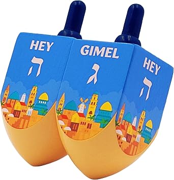 The Dreidel Company - 10-Pack Jerusalem Wood Dreidels, The Hanukkah Game, Extra Large Pack of 10