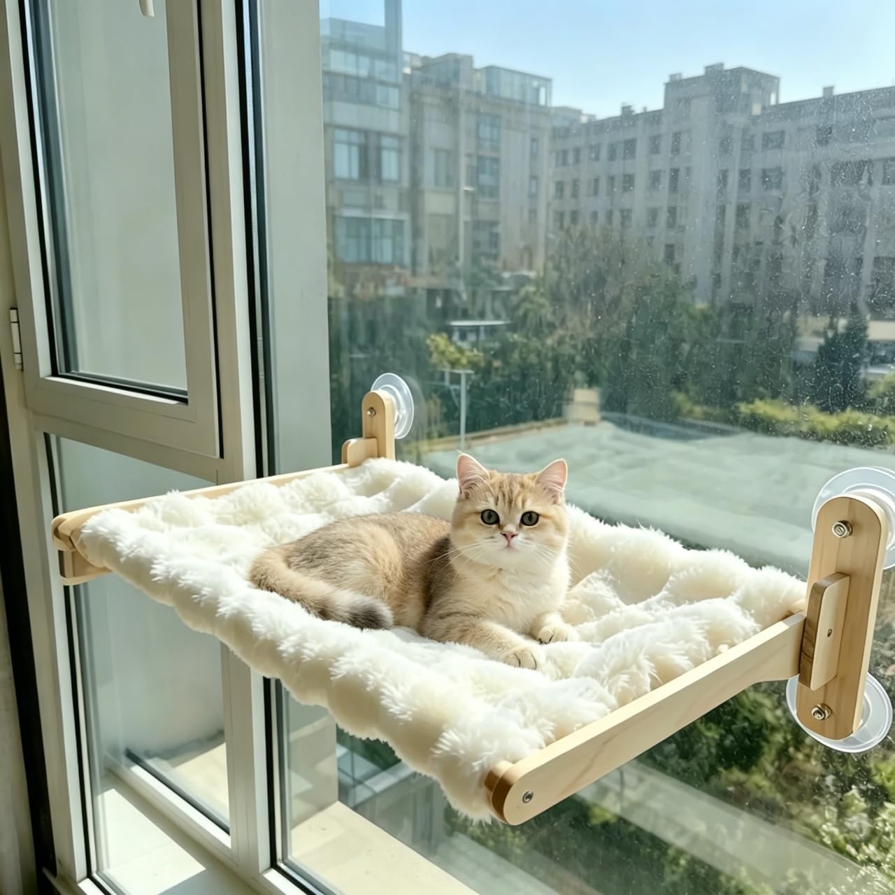Sommer Leichter Katzenfensterhängematte mit Holzrahmen, faltbar, Abnehmbarer waschbarer Plüschbezug, 4 Starke Saugnäpfe, bohrfrei für alle Katzen（Weiß，S）