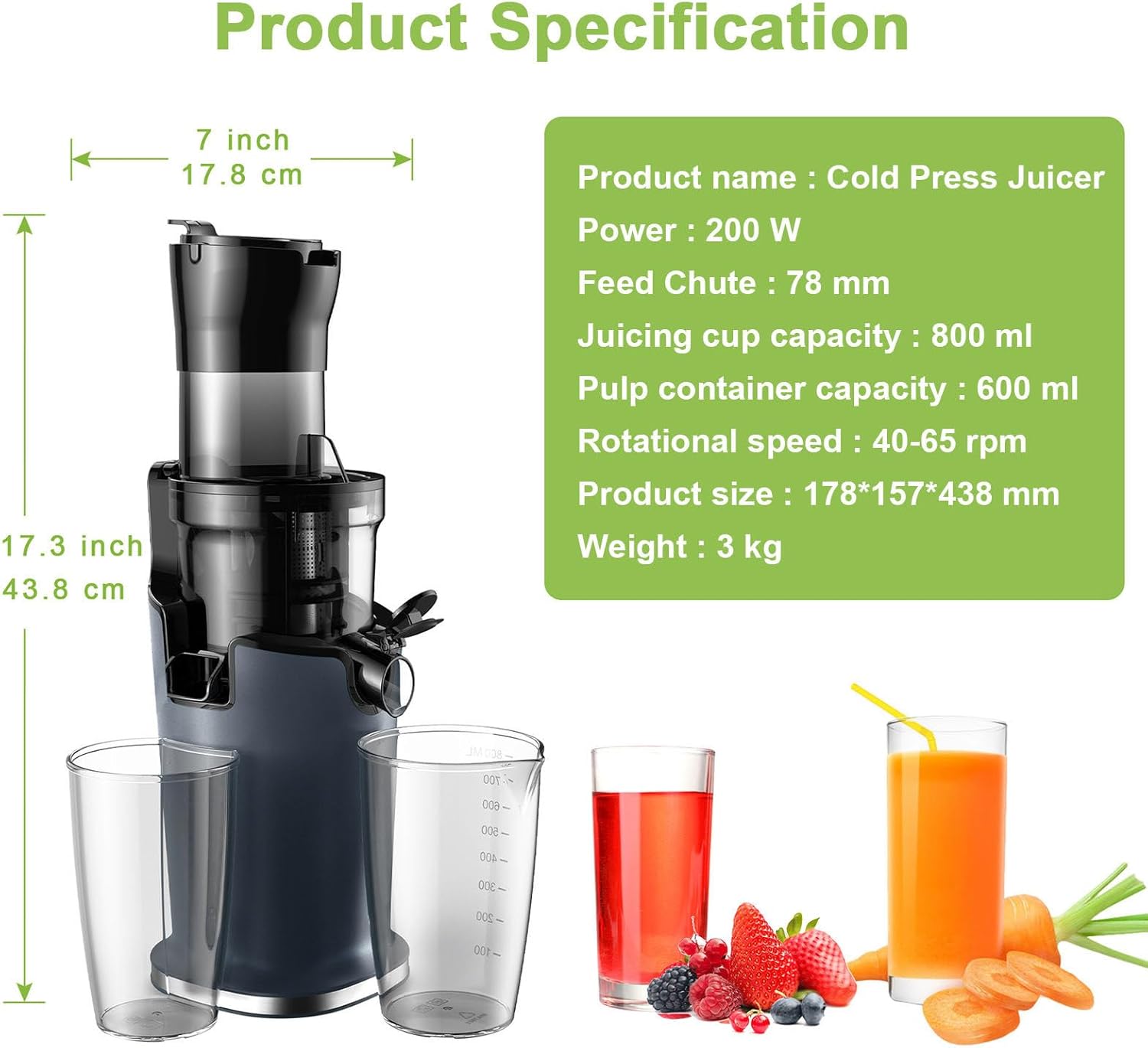 Cold Press Juicer, Single Auger Slow Masticating Machine with 800 Ml Juice Cup and 600 Ml Dregs Cup, for Fruits & Vegetables, High Juice Yield, Detachable Design