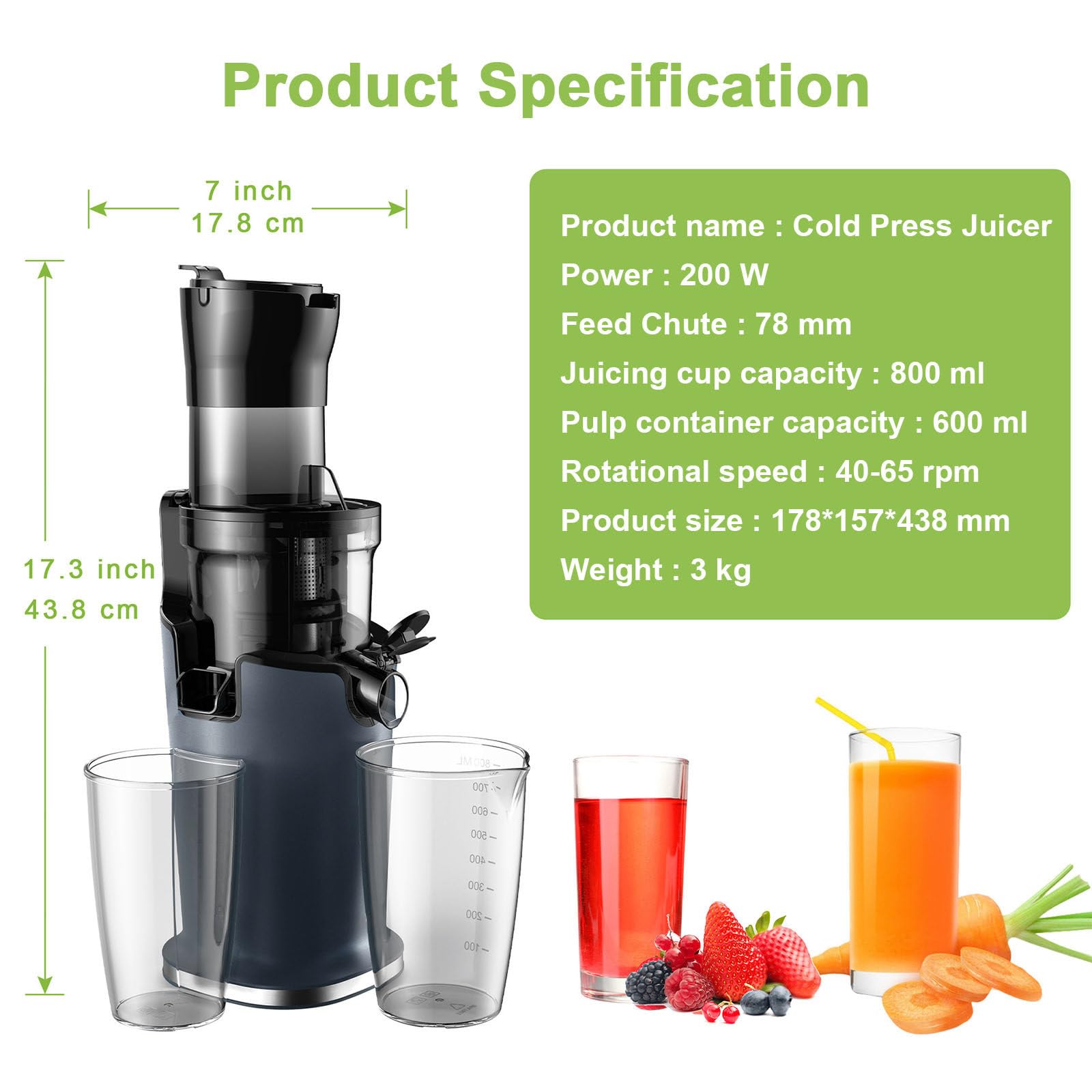 Estrattore di Succo A Freddo da 200 W, Separa Automaticamente Succo E Residui, con Funzione avanti E Indietro, Estrattore di Succo Lento Automatico, Design Rimovibile