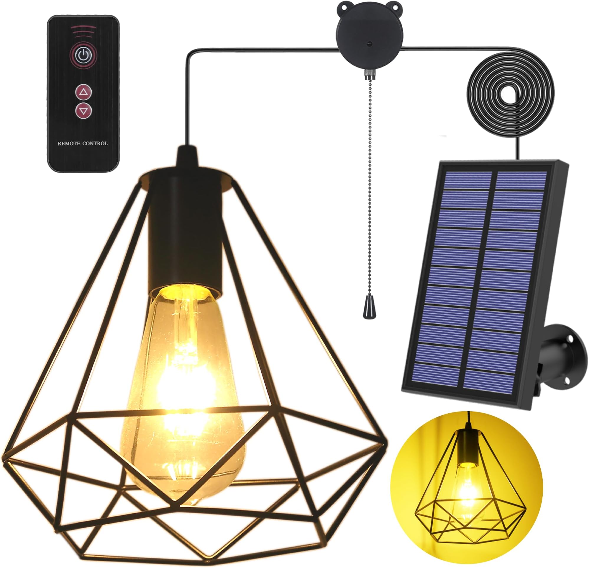 Solar Pendant Lights, Solar Powered Shed Light with Pull Cord and Remote for Outdoor Indoor, Solar Chandelier, Gazebo Lights with Adjustable Panel for Yard Patio Balcony Barn Garage