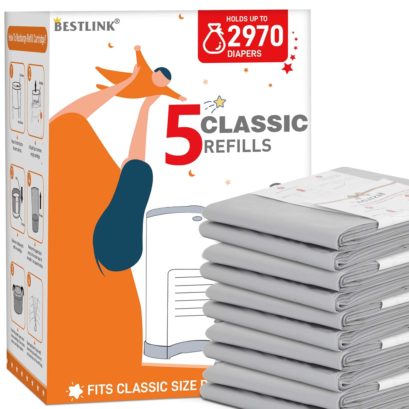 Paquete de 5 recambios compatibles con cubos de pañales DEKOR CLASSIC | 20 % de longitud extra para bolsas de repuesto para 2970 pañales | Máximo control de olores con aroma a bebé