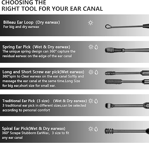 Miniatura 2 de Hion Juego de 6 piezas para eliminación de cera de oído, herramientas profesionales de doble cabezal para eliminar cera de oído, cureta de limpieza