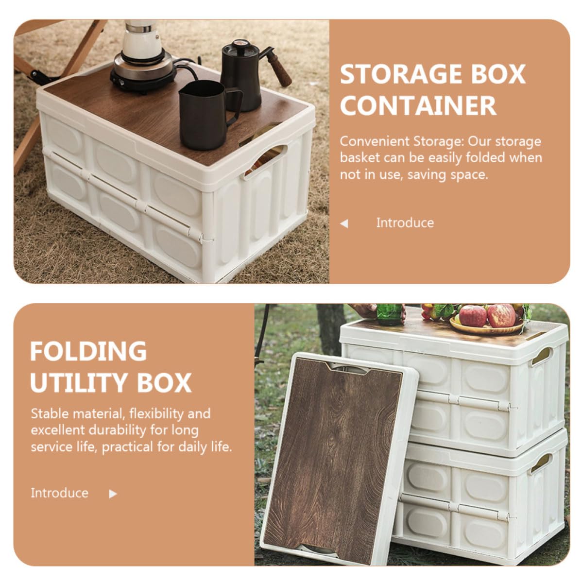 Caja de Almacenamiento Plegable, Contenedor de Almacenamiento, Pequeño 38,5x27x21cm, Pp y Tablero de Madera, Tapa, Blanco, para Ropa y Ropa de Cama, para Camping y Maletero