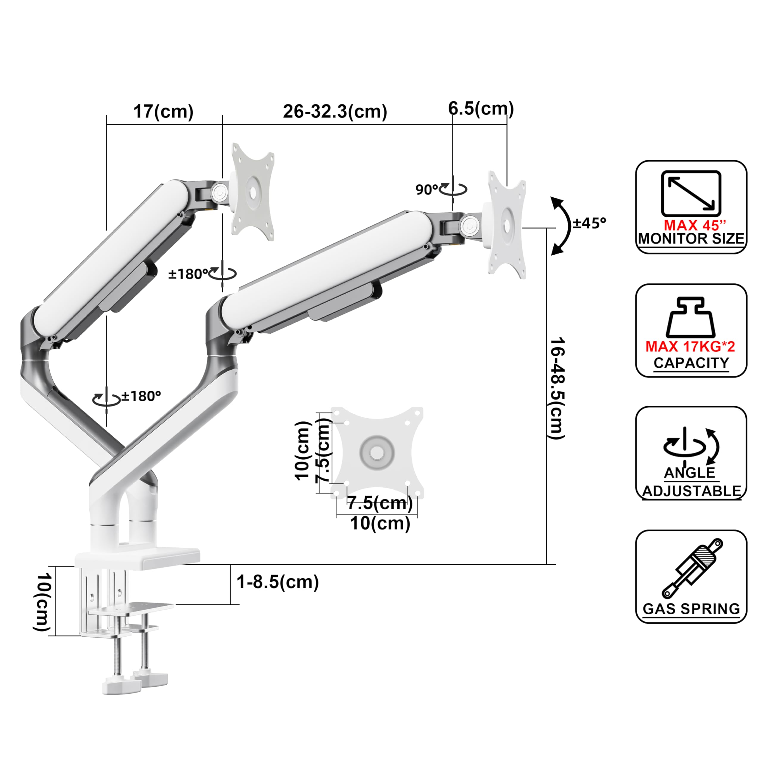 ETHU Heavy-Duty Dual Monitorarm, 2-Fach bis 17kg/17-45 Zoll, Gasfeder-Arme mit Neigung & Höhenverstellung, VESA 75/100, für Flachbildschirm und Curved (Weiß)