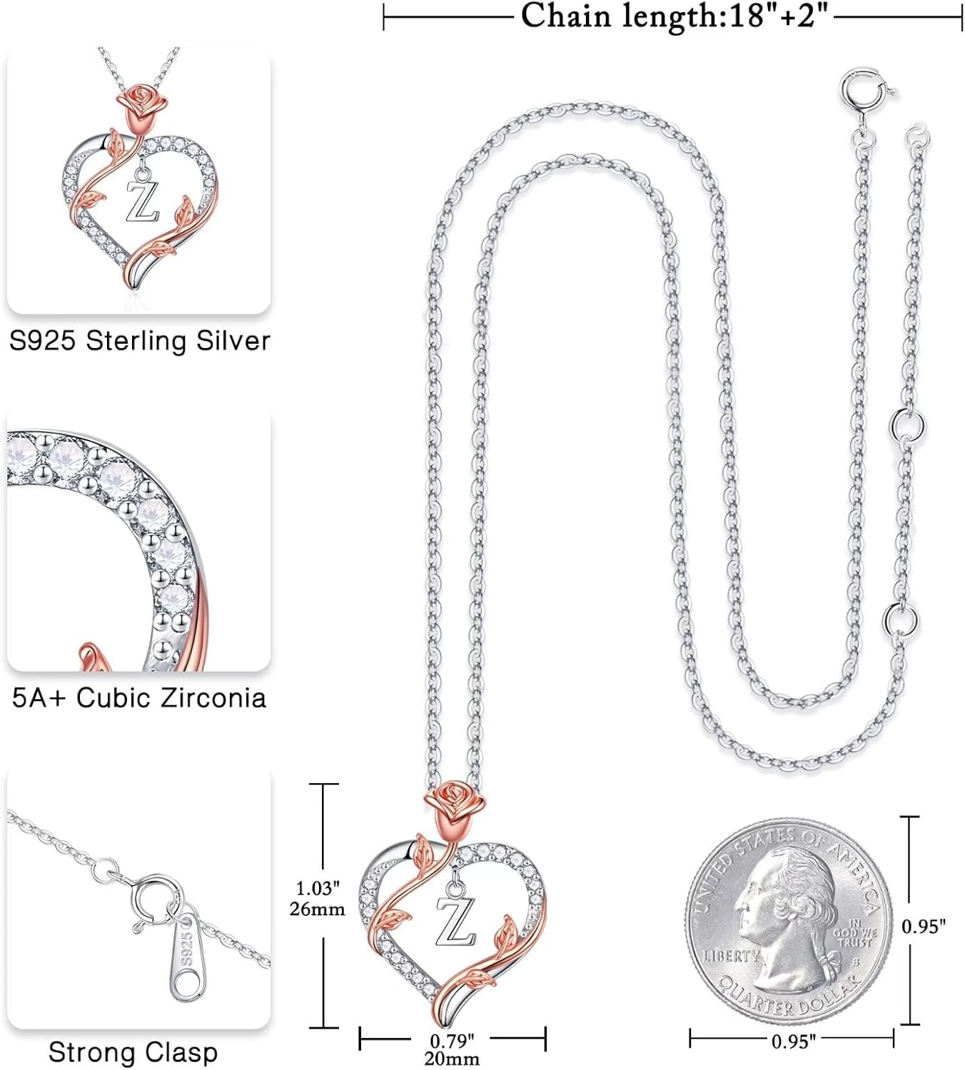 Iefil Rose Heart Necklaces Gifts for Women - 925 Sterling Silver Heart Initial Necklace, Anniversary Birthday Gifts for Women, Jewelry Gift for Wife Girlfriend Mom Daughter - Image 5