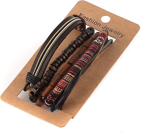 Miniatura 3 de HZMAN - Brazaletes étnicos y tribales de cuero con cordones de cáñamo y cuentas de madera para hombres y mujeres