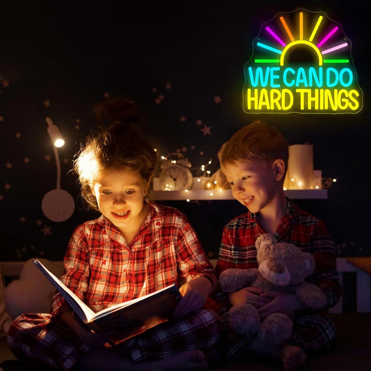 We Can Do Hard Things Neon Sign for Wall Decor Dimmable Inspirational Sunrise LED Neon Lights for Classroom Bedroom Decor Classroom Signs Positive Wall Art for Office Gifts Size 12.2*10.8in(GLNP302)