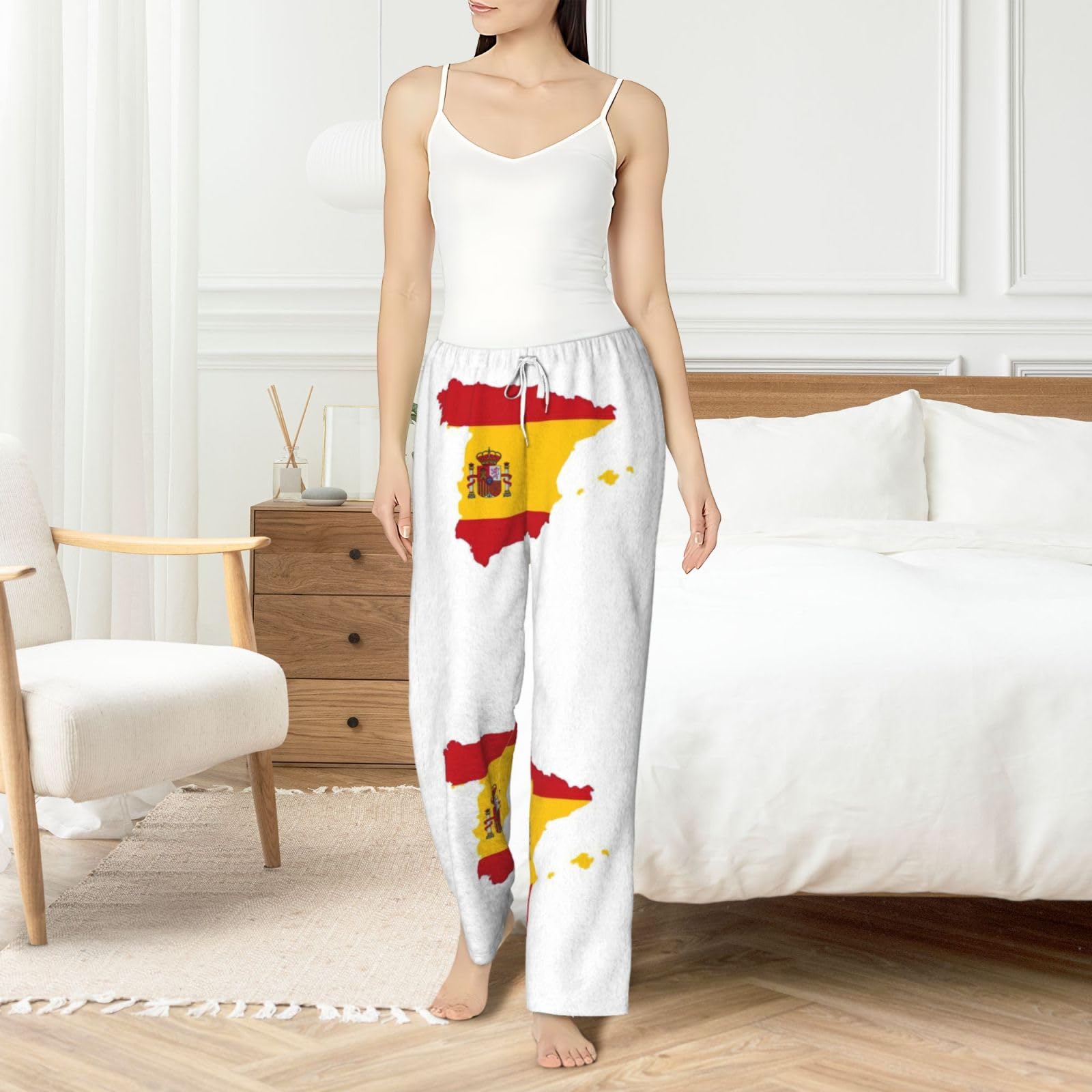 Damen-Schlafanzughose mit spanischer Flagge, Flanell, warm, bequem, für Urlaub, Weihnachten