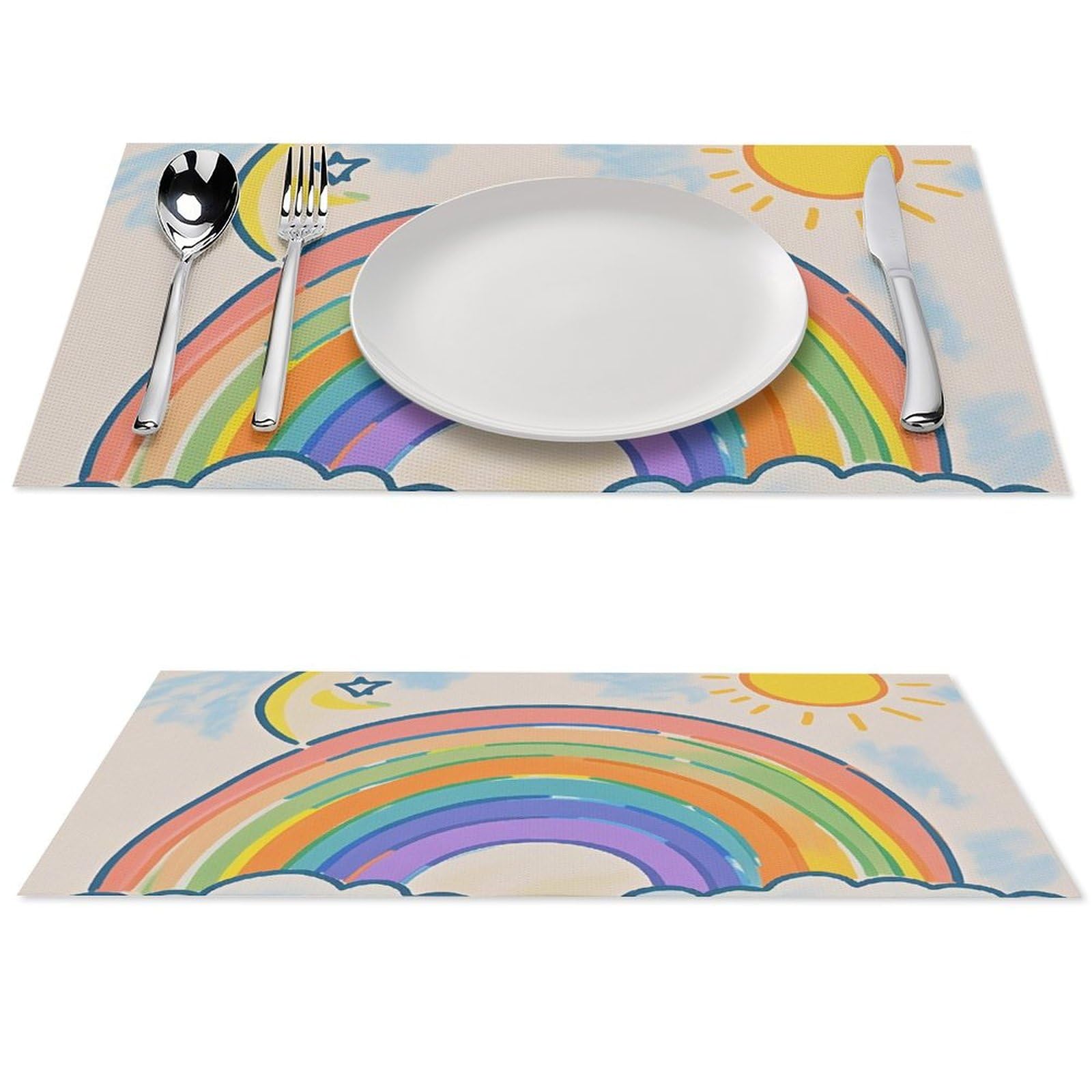 Set de table PVC lavable lot de 6 imprimés soleil lune arc-en-ciel antidérapants pour salle à manger