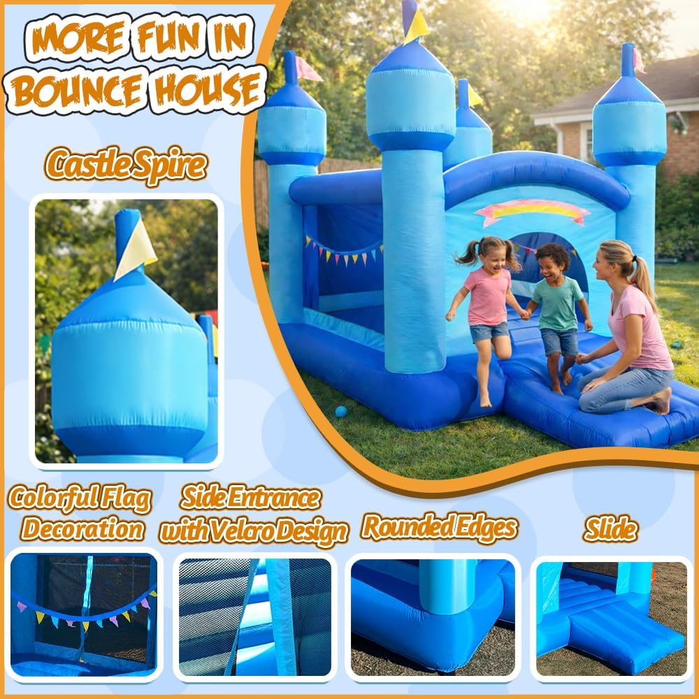 Inflatable Bounce Castle House,Blue Indoor/Outdoor Bouncer with Slide, Castle Spires & Rainbow Decor,127 x 94 x 106 Inches, Backyard Jumper Toy with Blower for Kids 3-10 Year olds