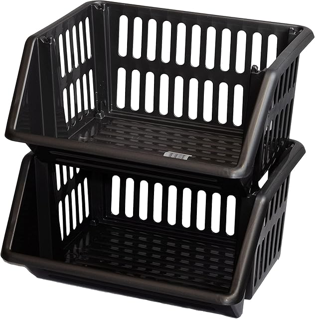 New Stacking Baskets Storage Veg Rack Plastic Stackers, Creme, Grey, Length 36 cm x Depth 30 cm x Height 17.5 cm (Black, 2 rack)