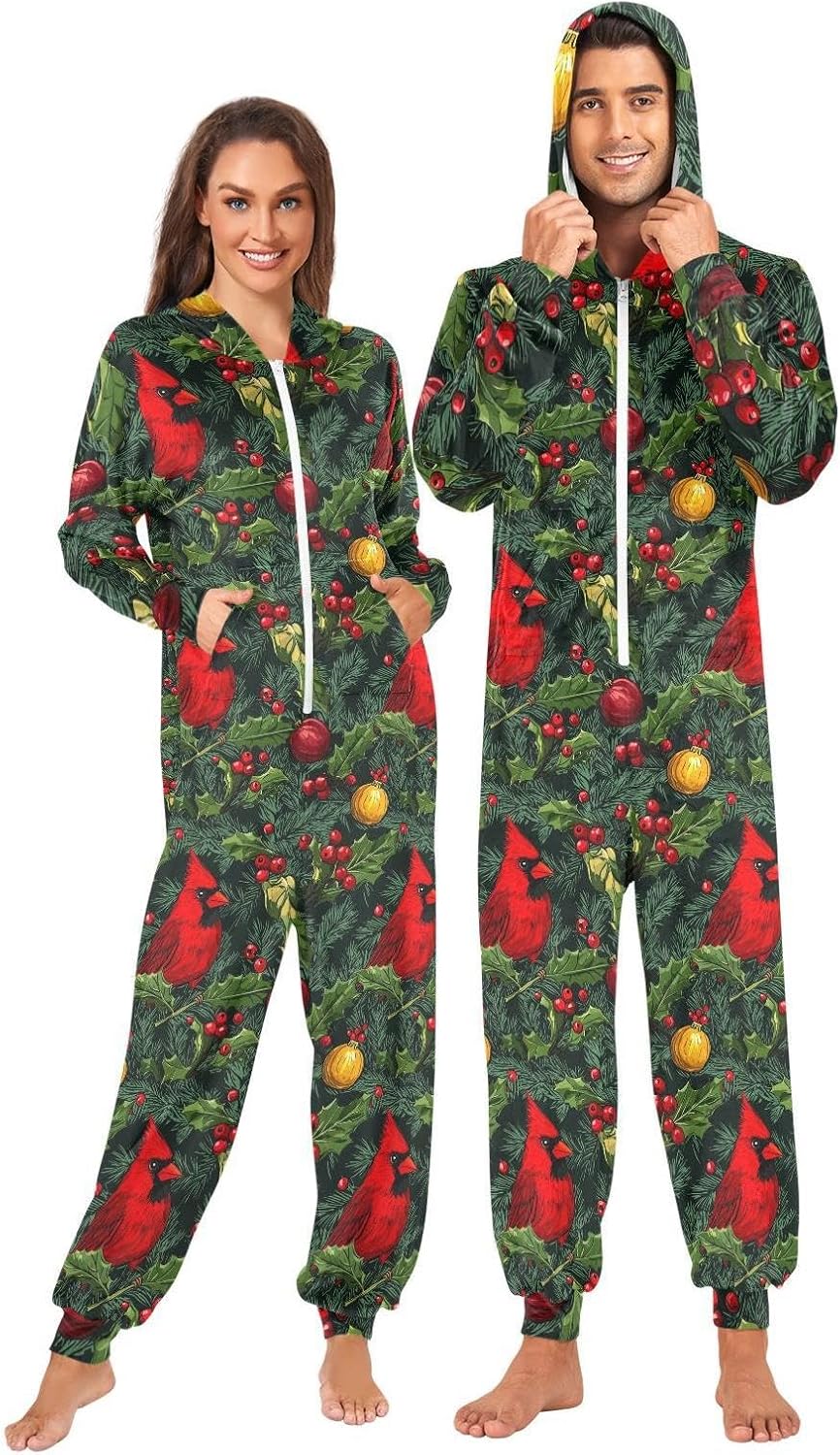 ZZKKO Christmas Red Cardinal Green Holly Adult Onesie Pajamas for Women Men Cozy One Piece Pajamas Costume Zip-Up Hooded S-XL