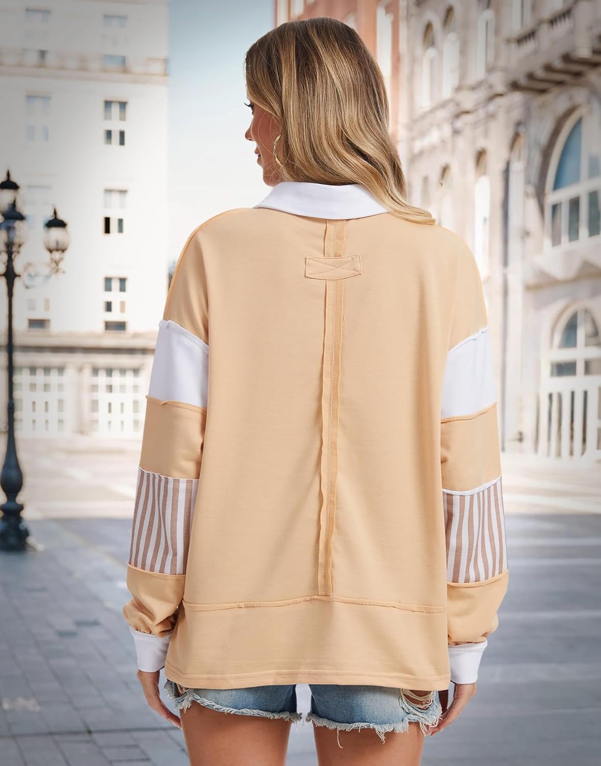 Womens Oversized Color Block Sweatshirt, Striped Polo V Neck Lightweight Pullover Fall Casual Tunic Top - Image 3