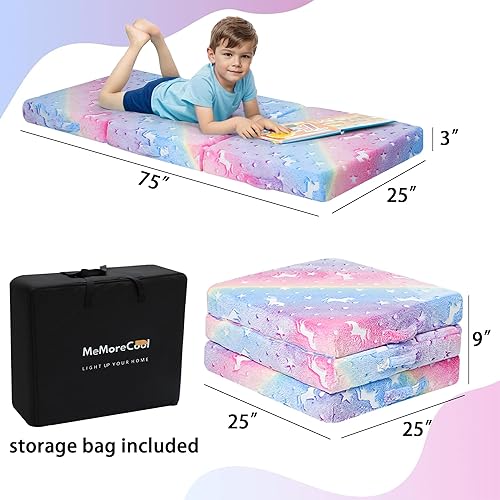Miniatura 3 de MeMoreCool Colchón plegable de unicornio arcoíris brillante para niños, tapete triple para siesta para niños pequeños, futón portátil para dormir o