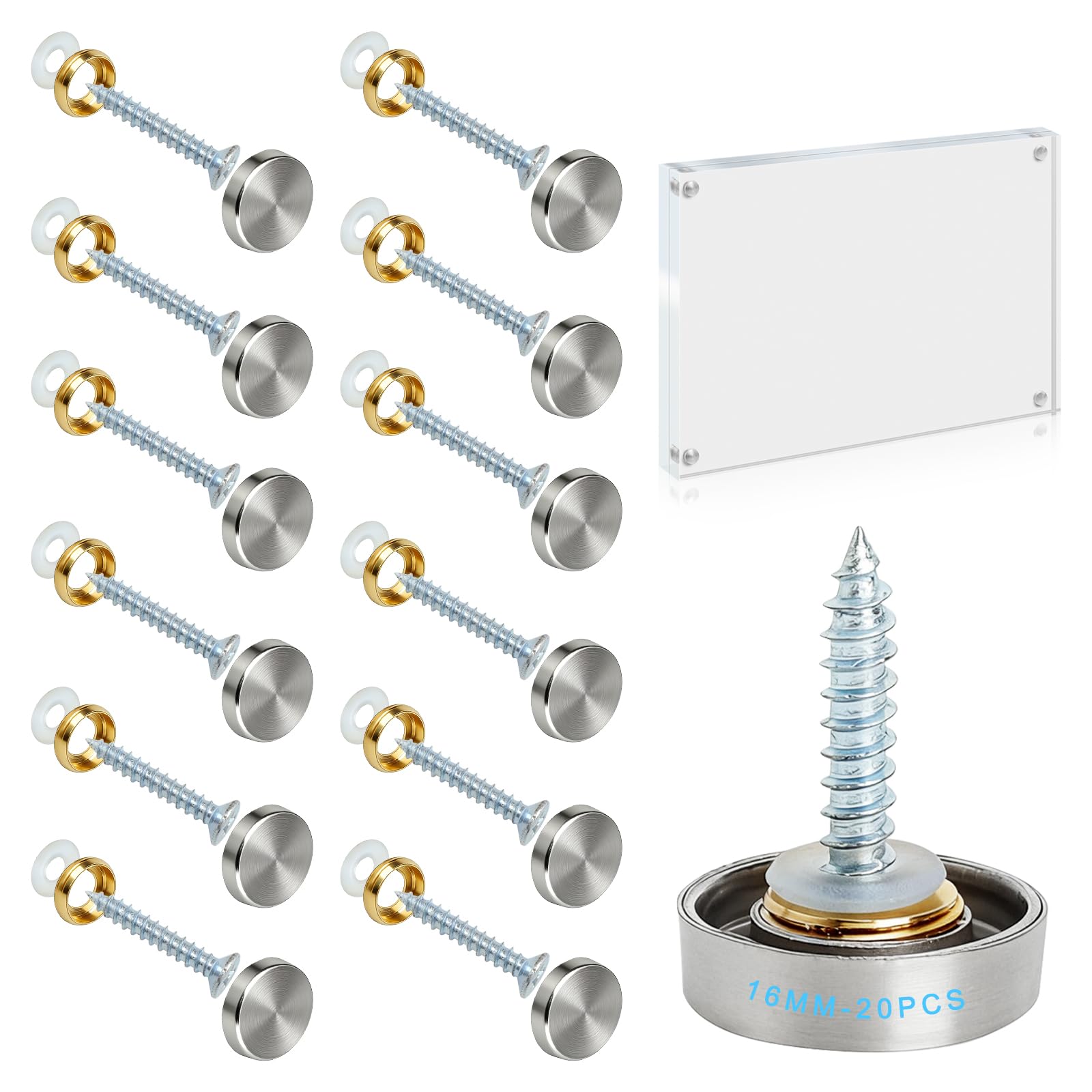 Viti Decorative 16 mm in Acciaio Inox – Set da 20 con Cappucci Lucidi, Rondelle in Rame e Rondelle in Nylon per Montaggio Specchi, Pannelli in Vetro e Mobili