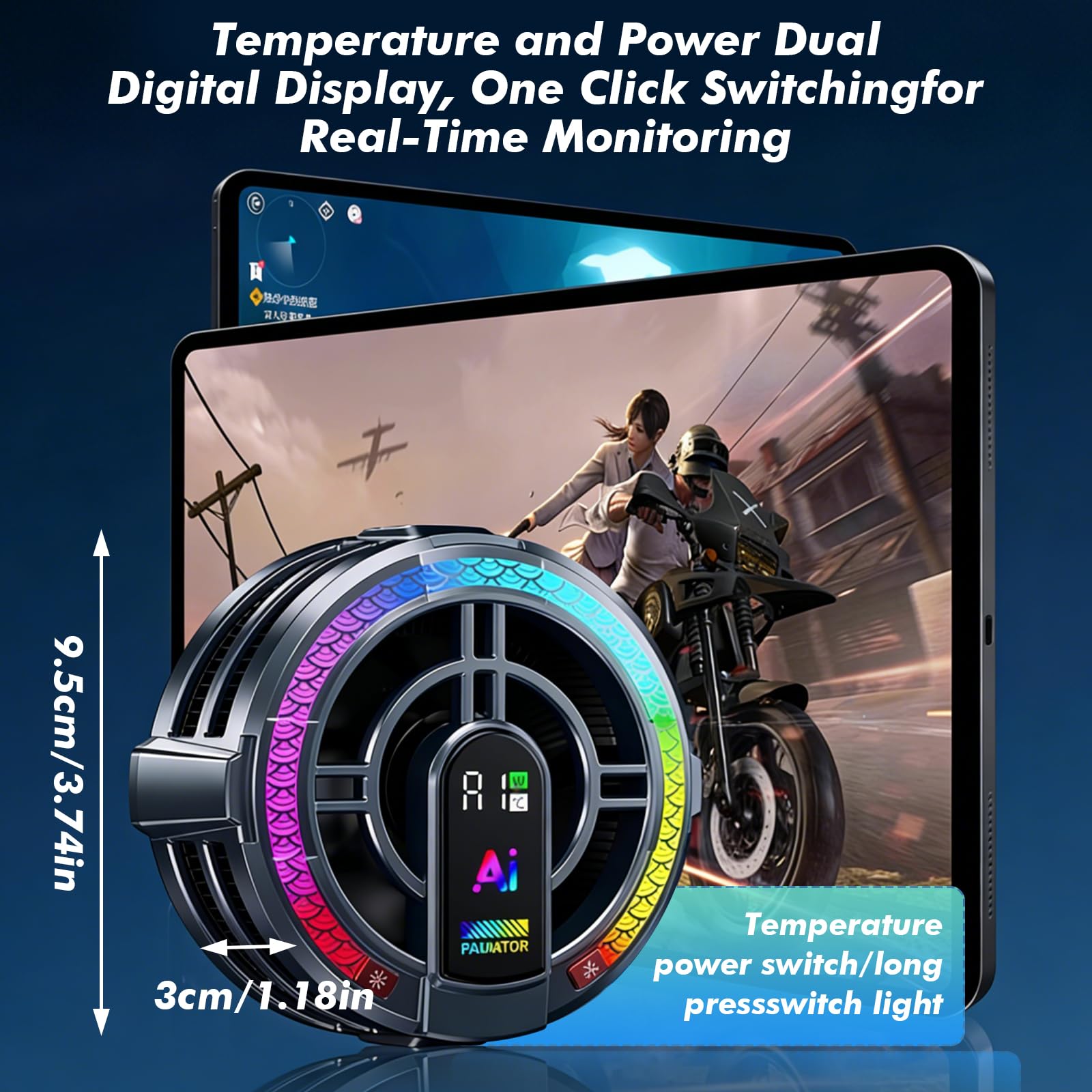 Refrigeratore magnetico per tablet con 4 modalità di raffreddamento e luce RGB, display digitale, dispositivo di raffreddamento per telefono a semiconduttore per iPad, tablet, prevenzione del