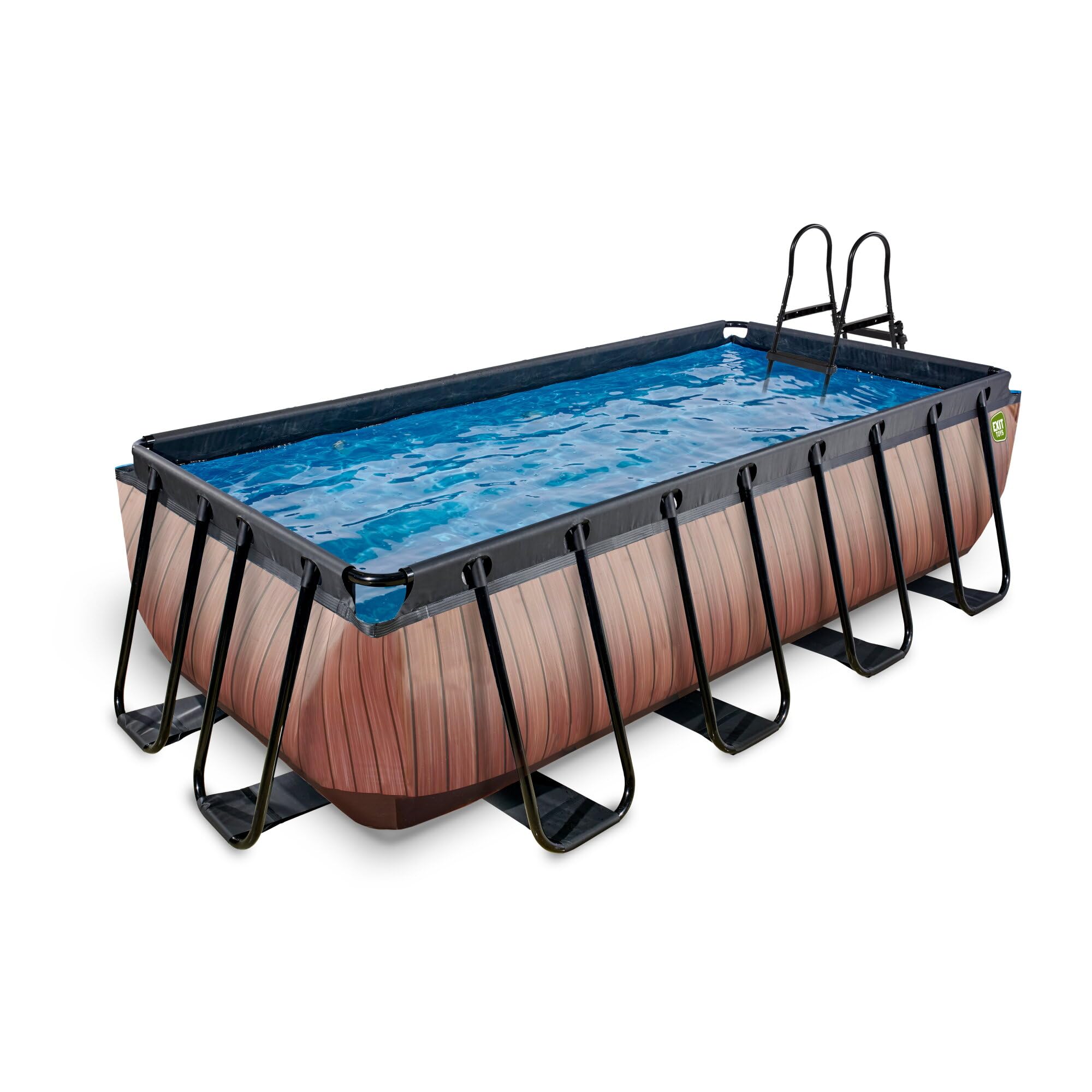 EXIT Toys Wood Pool - 400x200x100cm - Piscina de Marco Rectangular Grande con Bomba de Filtro de Arena - Piscina Extra Profunda - Marco Robusto - Incluye Escalera de Piscina - Diseño Único - Marrón