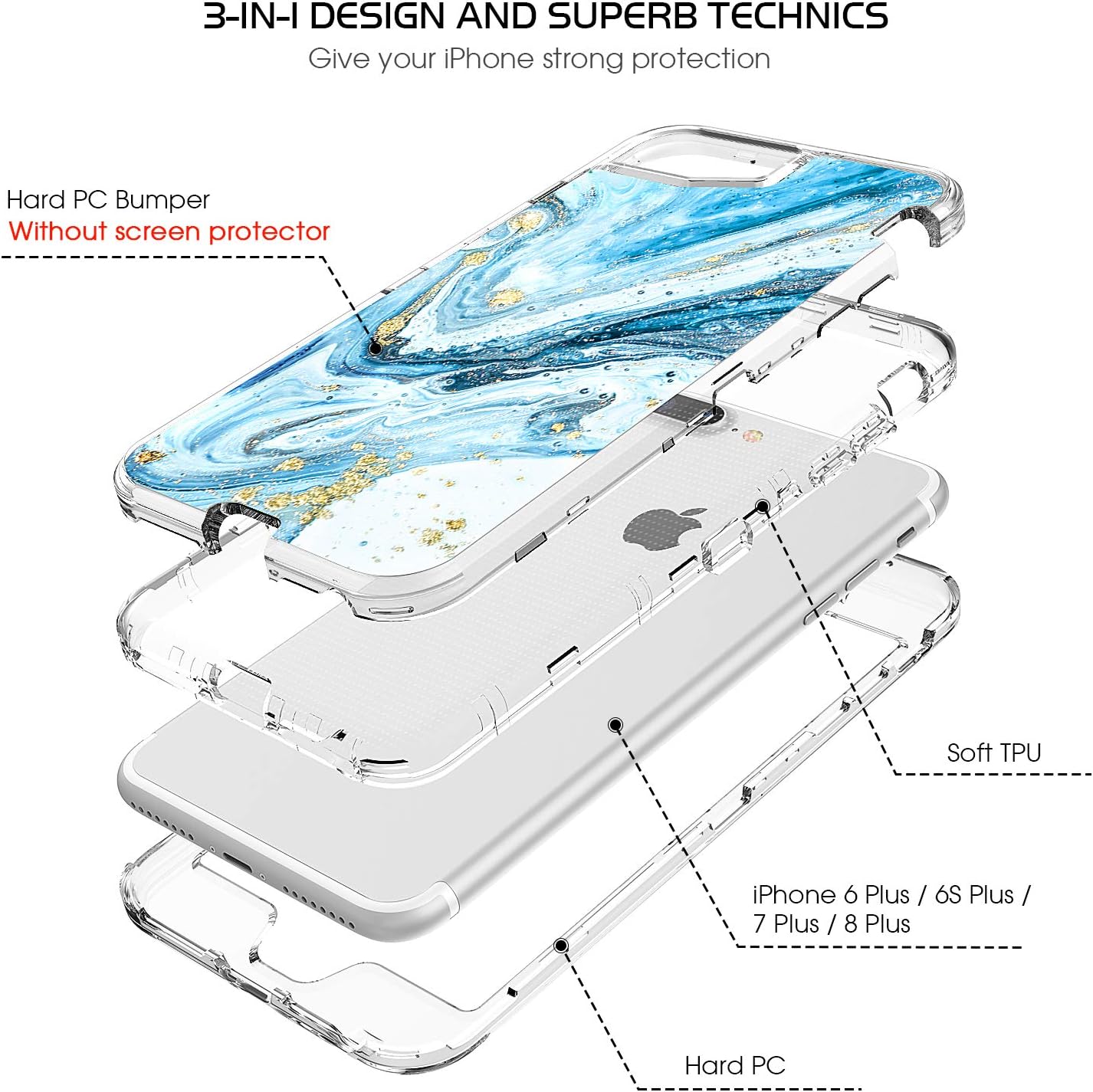 BENTOBEN iPhone 8 Plus Case, iPhone 7 Plus Case, iPhone 6s Plus Case, iPhone 6 Plus Case, Marble Crystal Transparent Clear Heavy Duty Rugged Full Body Shockproof Protective Phone Cover, Blue Marble