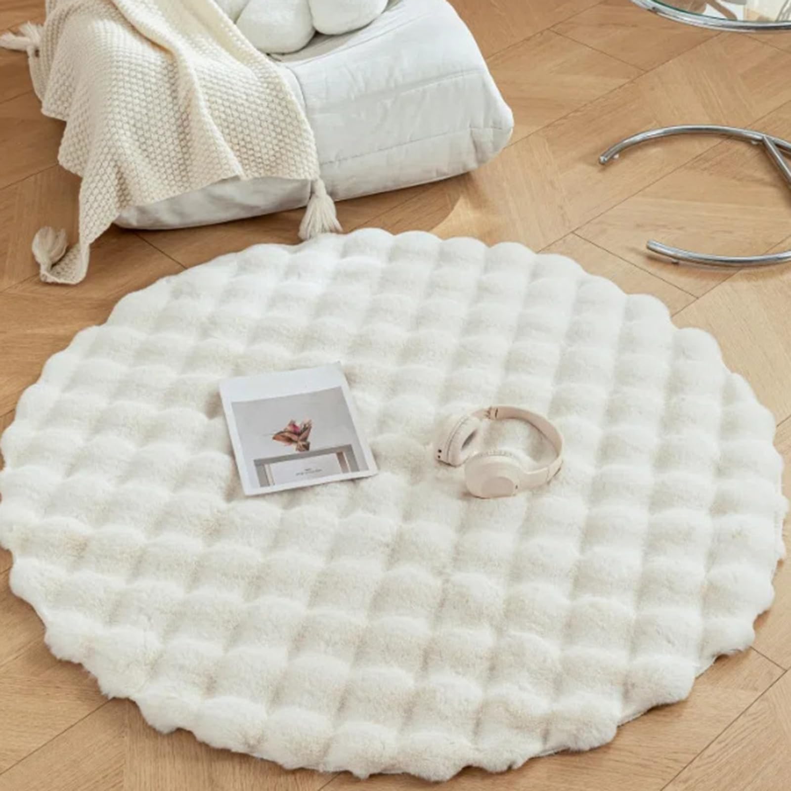 Weiche Flauschige Runde Teppiche aus Kunstfell rutschfest und Extra Dick – Ideal für Schlafzimmer, Wohnzimmer und Kinderzimmer,Beige,100 cm