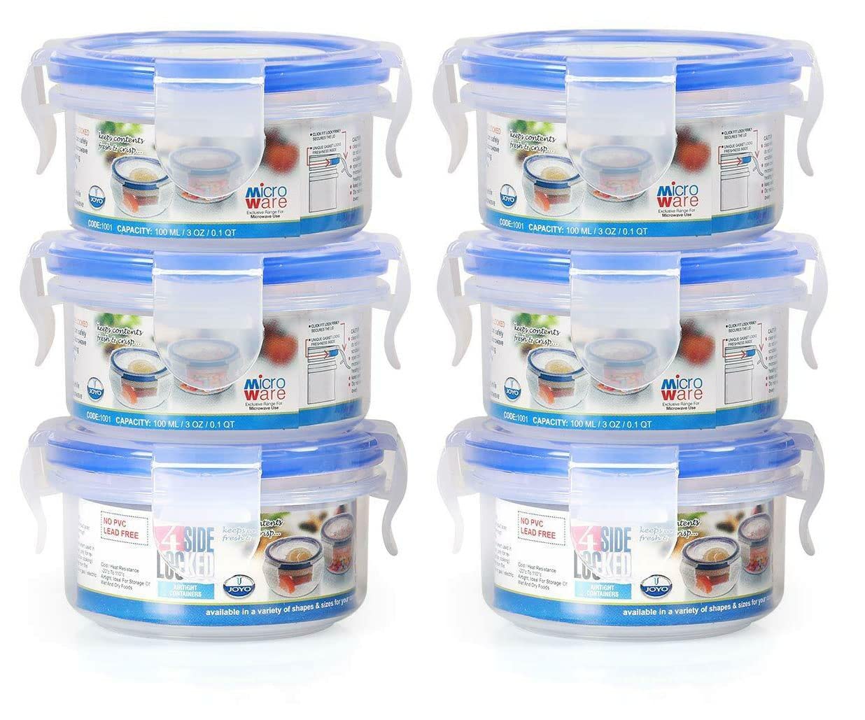 JOYO Plastic 4Side Locked Airtight Foodgrade Very Small Size Round Container 100 Ml For Pickle,Sauce, Chanti, Raita (Set Of 6),Blue (B0B8H3L8WQ) Amazon Price History, Amazon Price Tracker