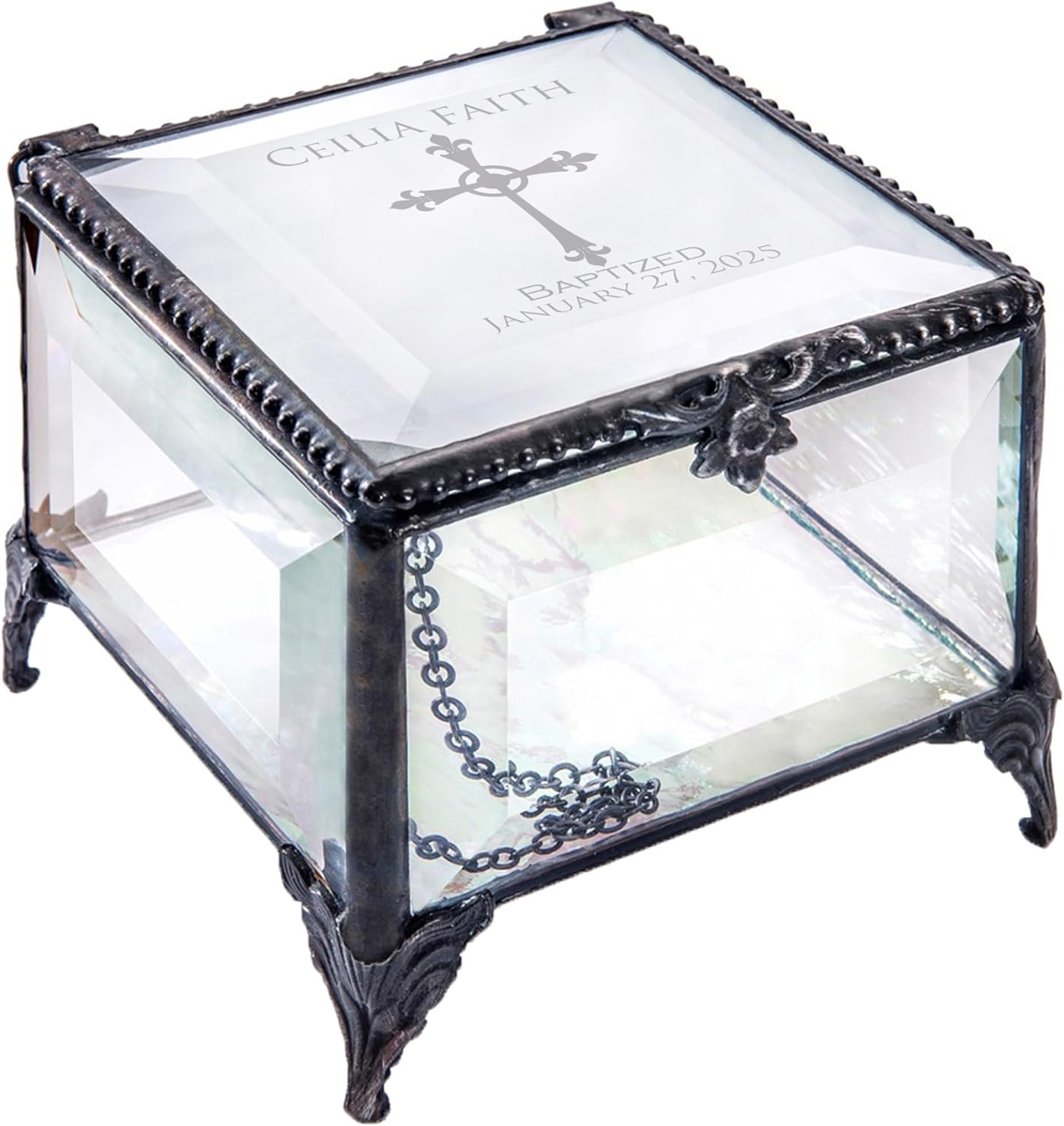Baptism Gift for Girls Personalized Keepsake Box Clear Beveled Glass Engraved Cross Jewelry Daughter Goddaughter Granddaughter J Devlin Box 326 EB222 - Image 5