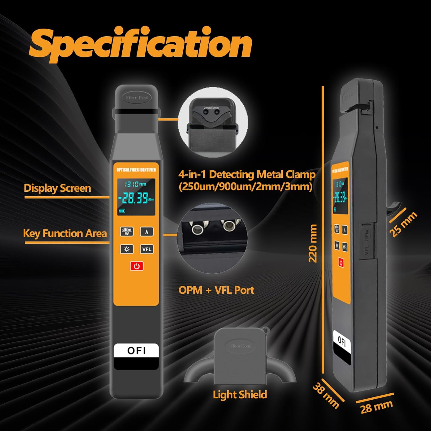 Optical Fiber Identifier with 4 in 1 Detecting Metal Clamp,FTTH Tool with 10mW VFL and Optical Power Meter for 50um/900um/2mm/3mm Optical Fiber