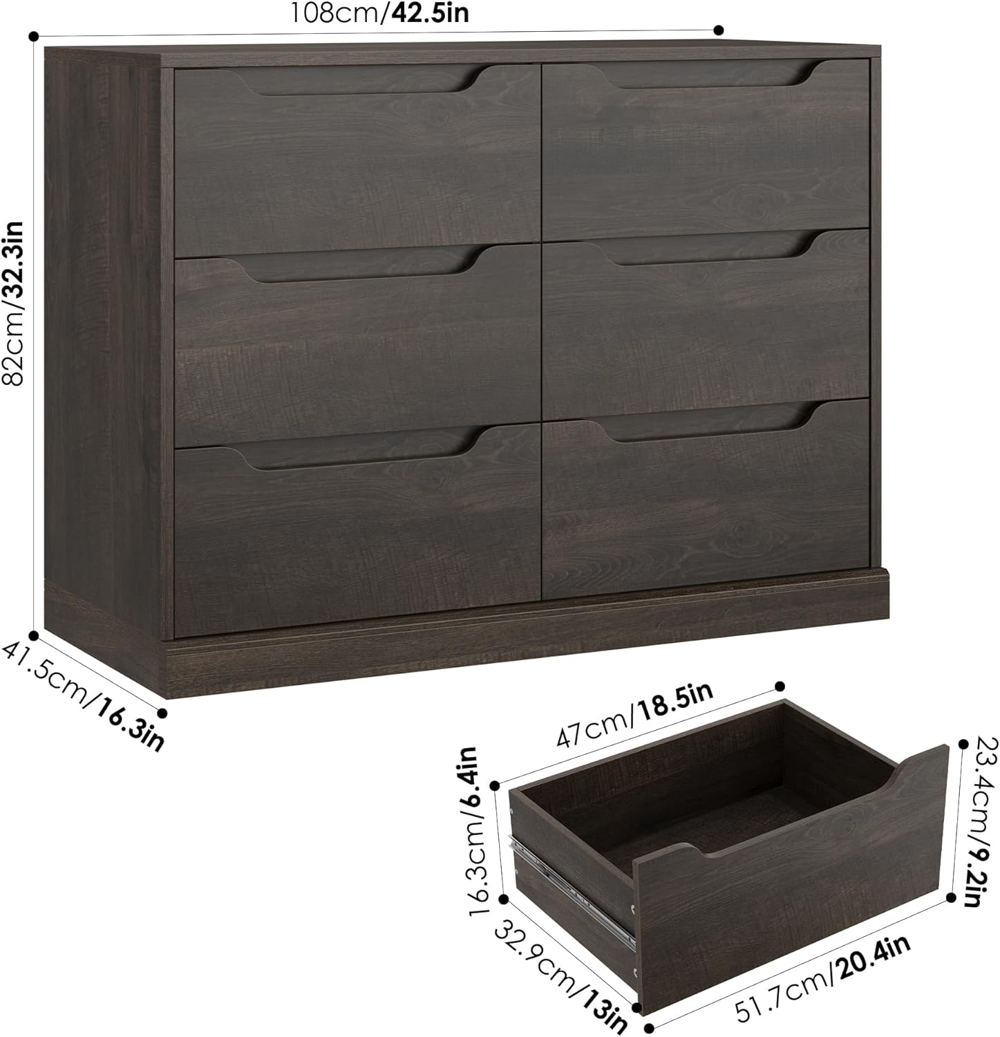 HOSTACK Modern 6 Drawer Dresser for Bedroom, Double Chest of Drawers with Storage, Large Wooden Storage Dresser Organizer with Cut-Out Handle, Accent Storage Cabinet for Living Room, Dark Brown