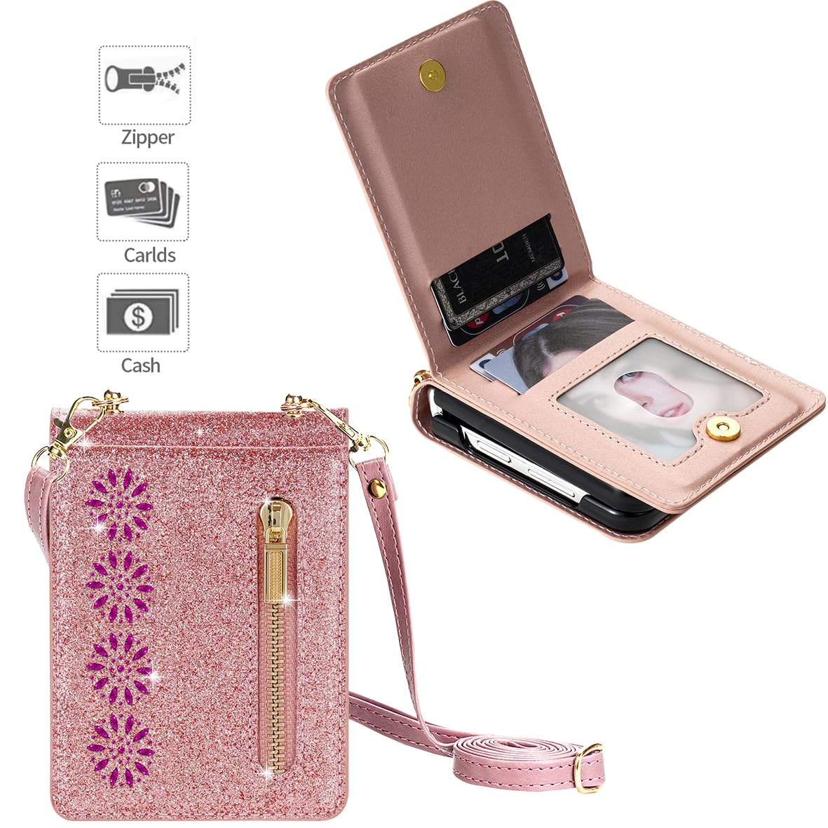 Asuwish Phone Case for Samsung Galaxy Z Flip 3 5G 2021 Wallet Cover and Wrist Strap Bling Glitter Leather Flip Zipper Credit Card Holder Slot Stand Cell Accessories ZFlip3 Z3 Flip3 3Z Women Rose Gold