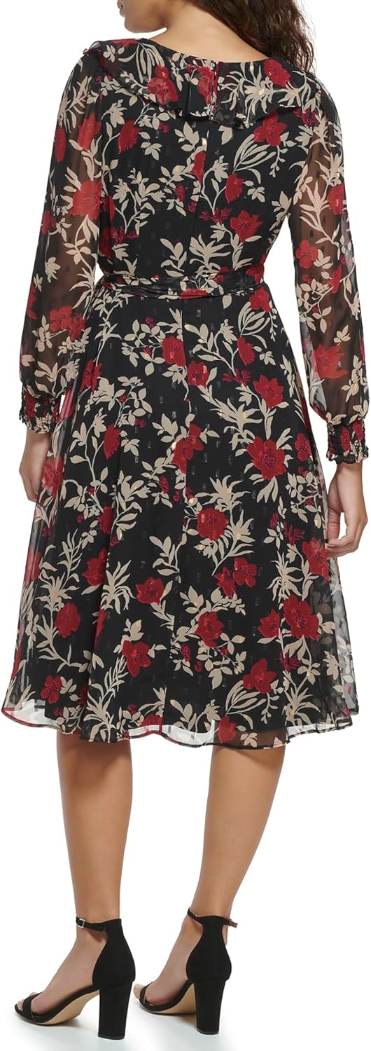 Jessica Howard Womens Floral Chiffon V-Neck Midi Dress - Image 3