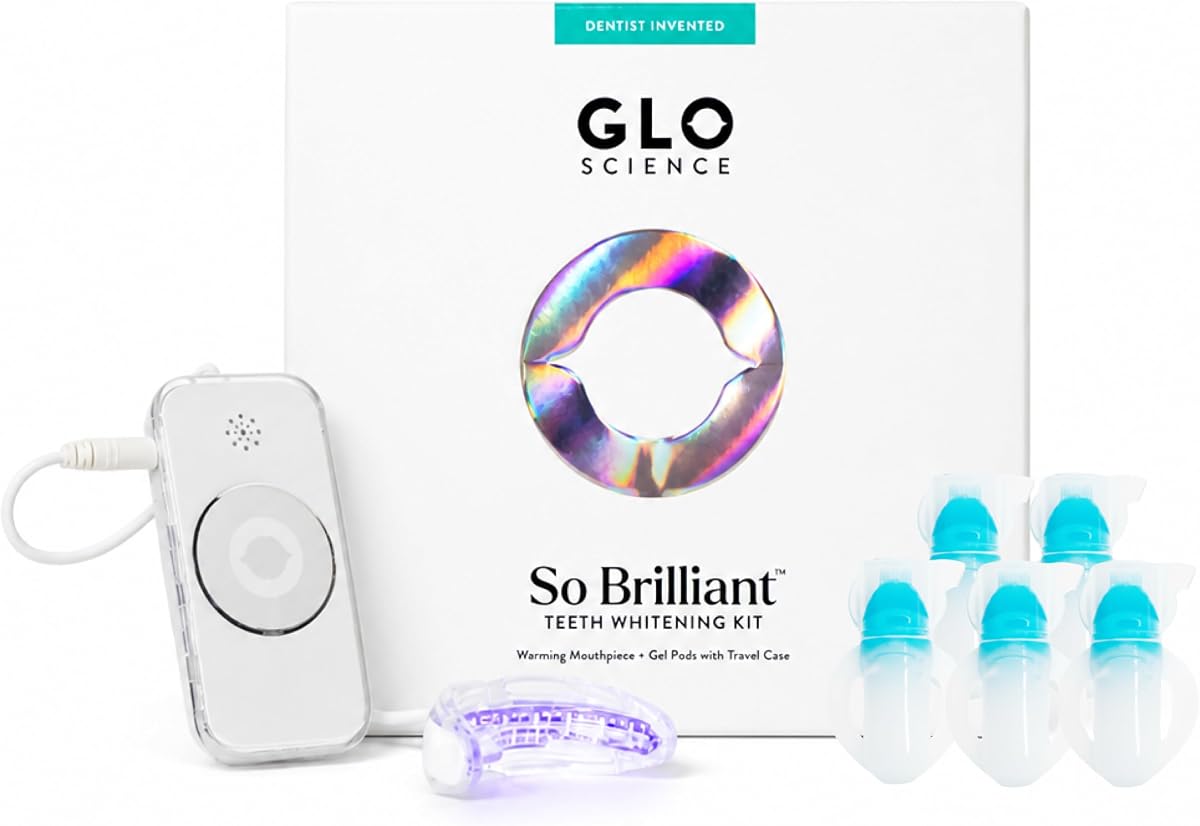 Kit de blanqueamiento dental GLO Science – Tecnología de calor única para un blanqueamiento dental rápido y sin sensibilidad – Boquilla patentada con luz LED – Incluye 5 cápsulas de gel, cuidado de labios y estuche de viaje