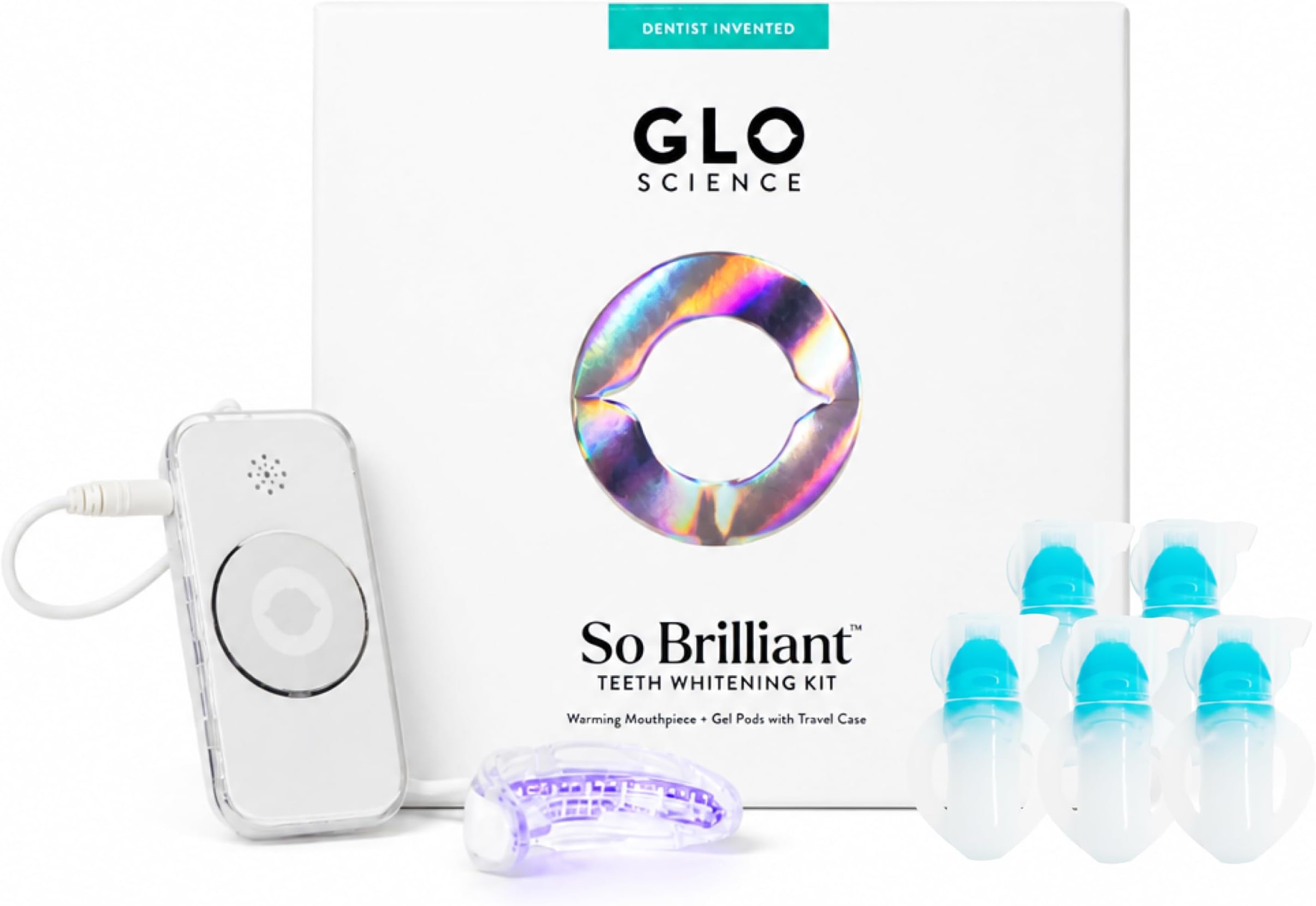 GLO Science So Brilliant Tooth Whitener Set – Fast, Sensitivity Free Teeth Whitening Technology – Includes Warming Mouthpiece with LED Light, 6% Hydrogen Peroxide Gel Pods, Lip Balm, & Travel Case