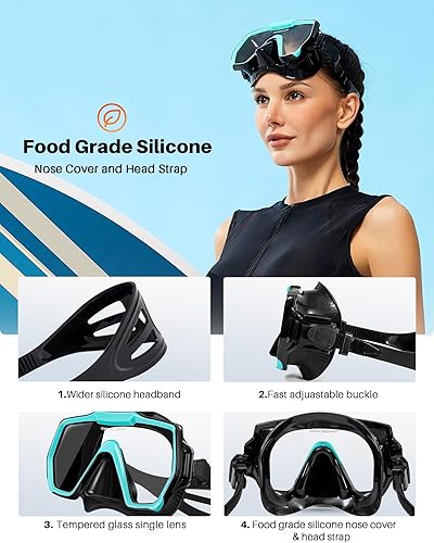 Miniatura 4 de Gafas de natación de buceo, máscara de buceo de una pieza de vidrio templado, máscara de natación antivaho gafas con cubierta para la nariz, equipo