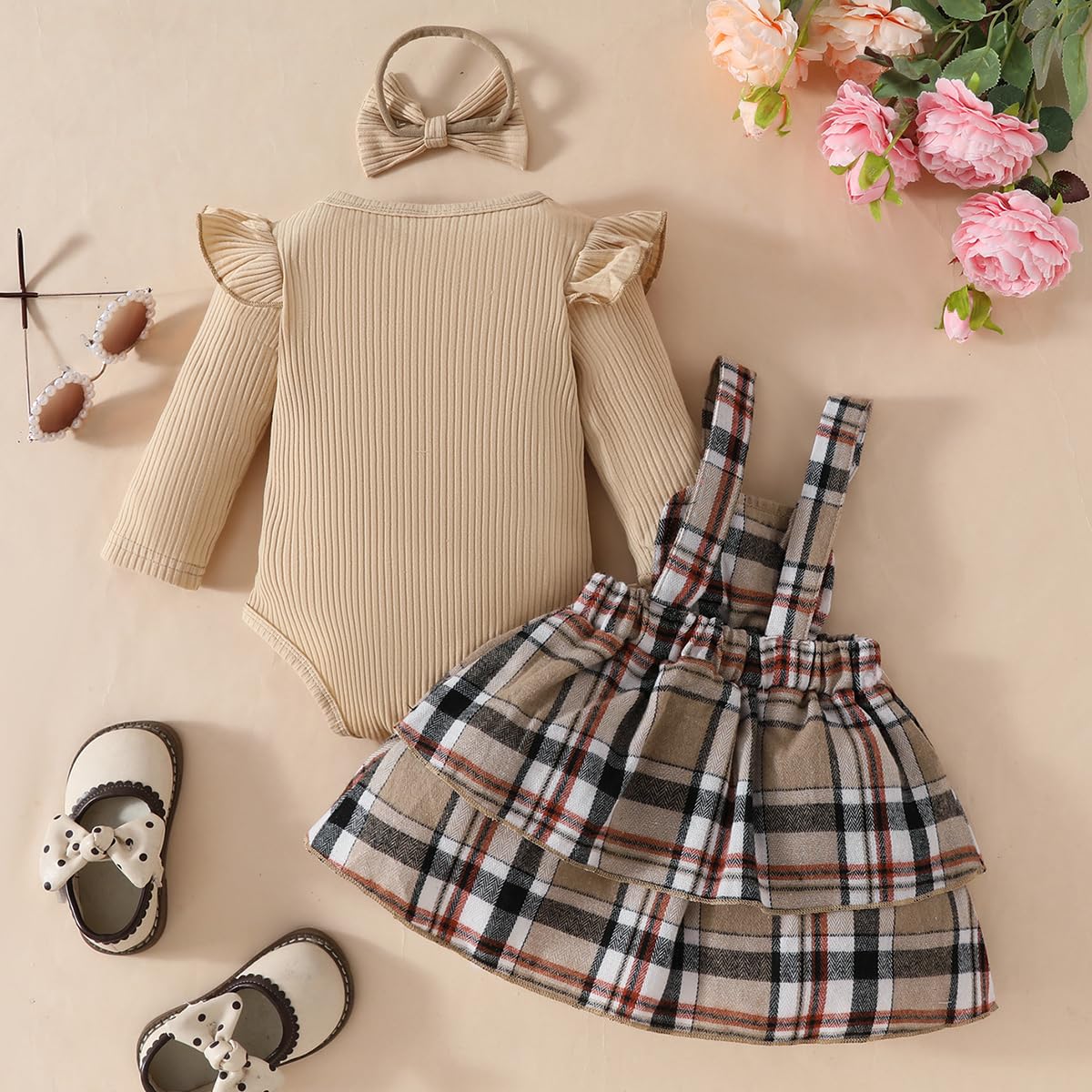 Conjunto Faldas para Niñas Recién Nacidas Manga Larga/Corta Top con Volantes + Cuadros/Osos Cariñosos Vestido con Tirantes Otoño Invierno Ropa Trajes