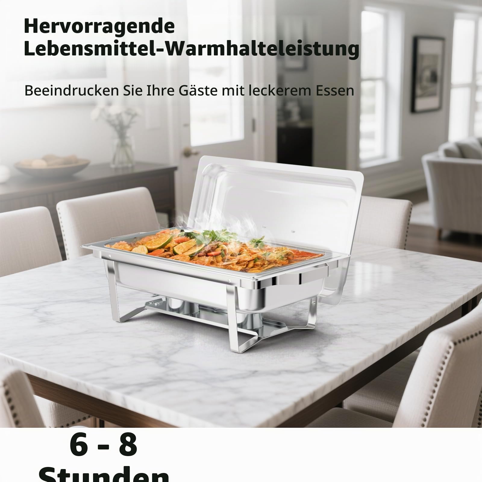 Rovsun Warmhaltebehälter Essen aus Edelstahl 9 L, Chafing Dish 60x36x30 cm, Speisenwärmer Speisebehälter,Wärmebehälter Buffet Wärmer Rechaud mit Rollrand & faltbaren Gestell 4pc