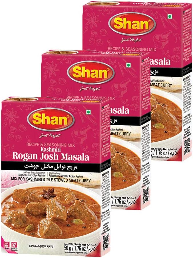 Shan Kashmiri Rogan Josh Recipe and Seasoning Mix 1.76 oz (50g) - Spice Powder for Kashmiri Style Stewed Meat Curry - Suitable for Vegetarians - Airtight Bag in a Box (Pack of 3)