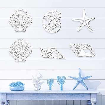 Yookeer 6 Pieces Beach Decor Rustic Carved Seashell Wall Decor Plaque Wood Nautical Beach Wall Art Starfish Seashell Wall Decorations Coastal Bathroom Ocean Decor Set for Farmhouse Bathroom (White)