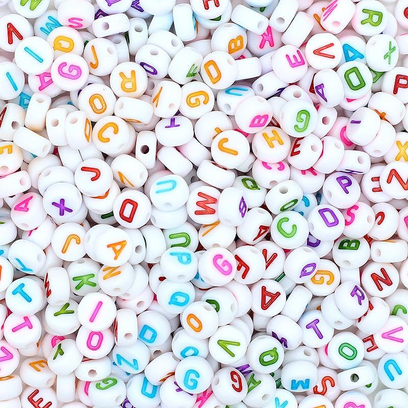 Miniatura 3 de CYEENUT - 200 cuentas de letras de color blanco, cuentas redondas de letras de 0.157 x 0.27 pulgadas, cuentas acrílicas del alfabeto para hacer