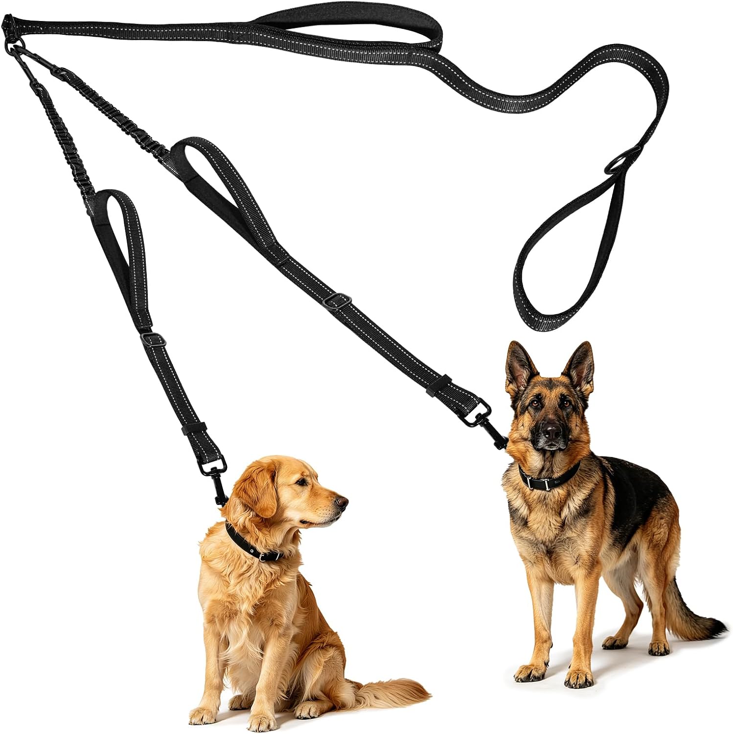 Double Dog Leash, 360° Swivel, Tangle-Free Leash, Reflective Shock-Absorbing Elastic Lead with 4 Comfortable, Padded Handles—Ideal for Two Dogs (Black)