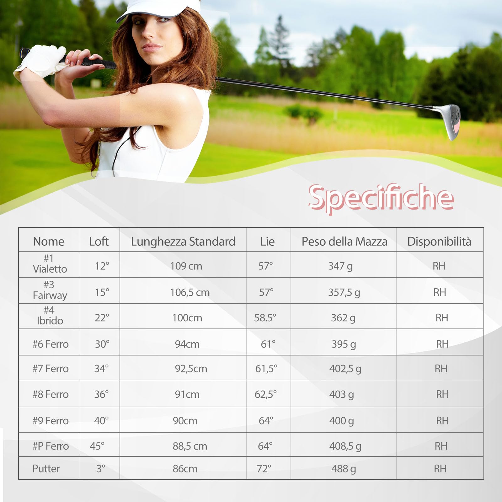 COSTWAY Set Completo di Mazze da Golf da Donna, 9 Pezzi, Include Driver in Lega, Legno Fairway 3, Ibrido 4, Ferri 6, 7, 8, 9 e P, Putter e Copri Testa per Golfiste Destre