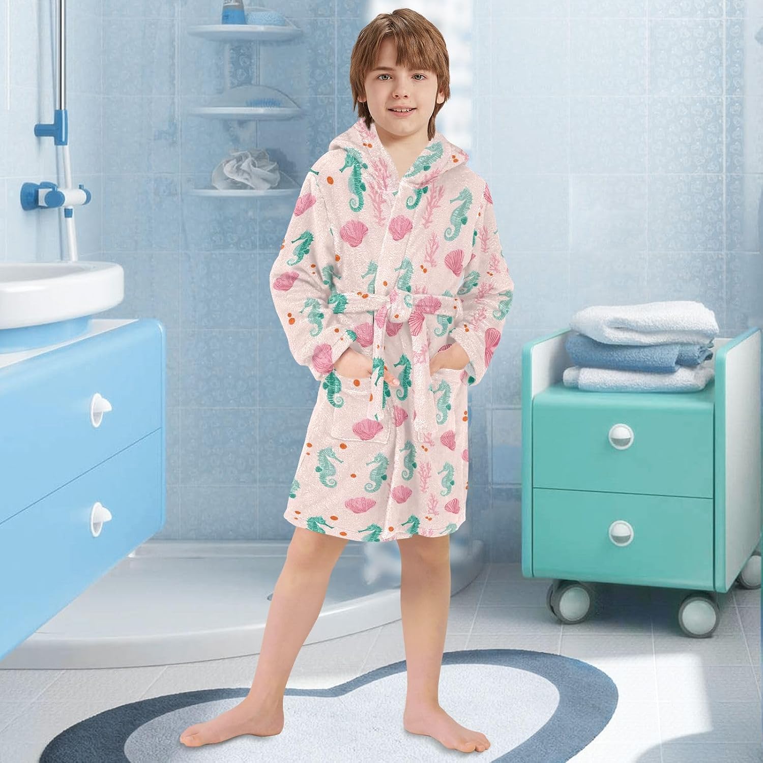 Green Seahorse Pattern Toddler Hooded Bathrobe for Boys Girls Soft Plush Bath Towel Robe 2-12 Years
