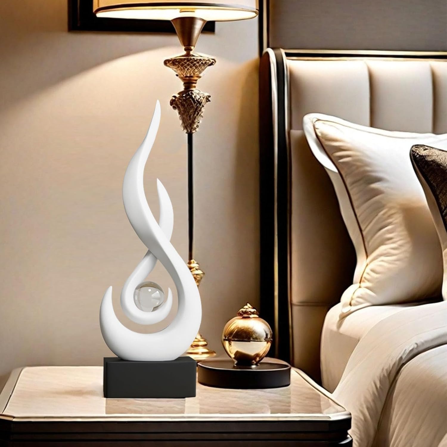 Modern Flame Sculpture Decor Flame Statue with Glass Ball Resin Abstract Art Figurines Centerpiece for Home Living Room Stand Coffee Table Office Decor (Medium White)