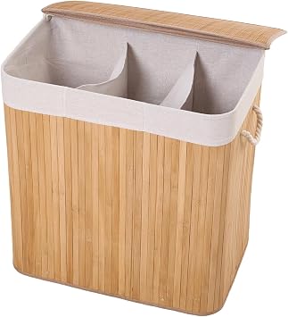 Warmiehomy Laundry Basket with Lid 150L Bamboo Laundry Basket 3 Compartments Large Washing Basket Laundry Hamper with Handle and Detachable Inner Bag for Bedroom,Bathroom,Wash Room,Dorm