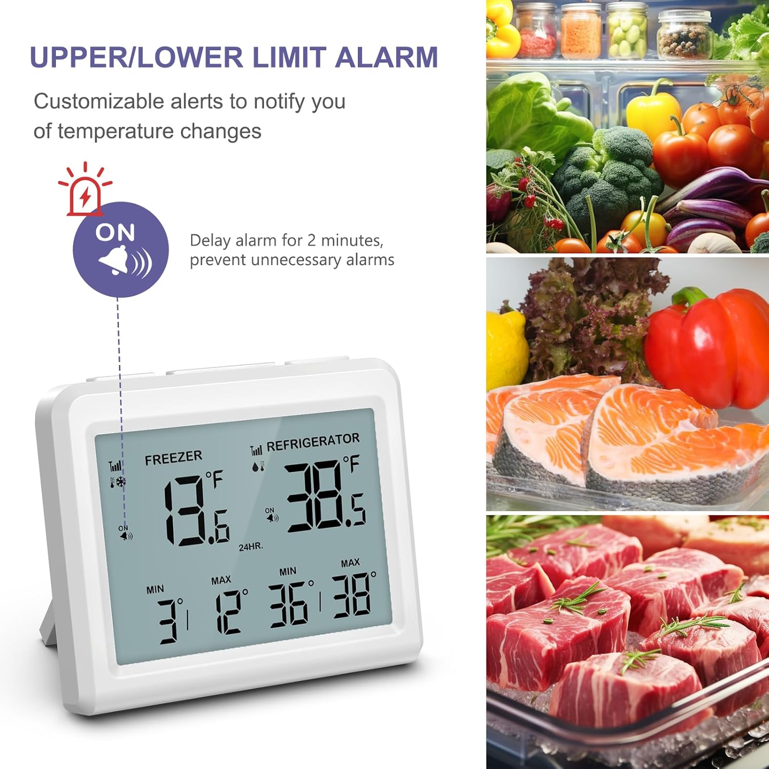 Image showing the main display unit with an alarm icon flashing and 'ON' indicator, demonstrating the upper/lower limit alarm feature. Food items are shown in the background.