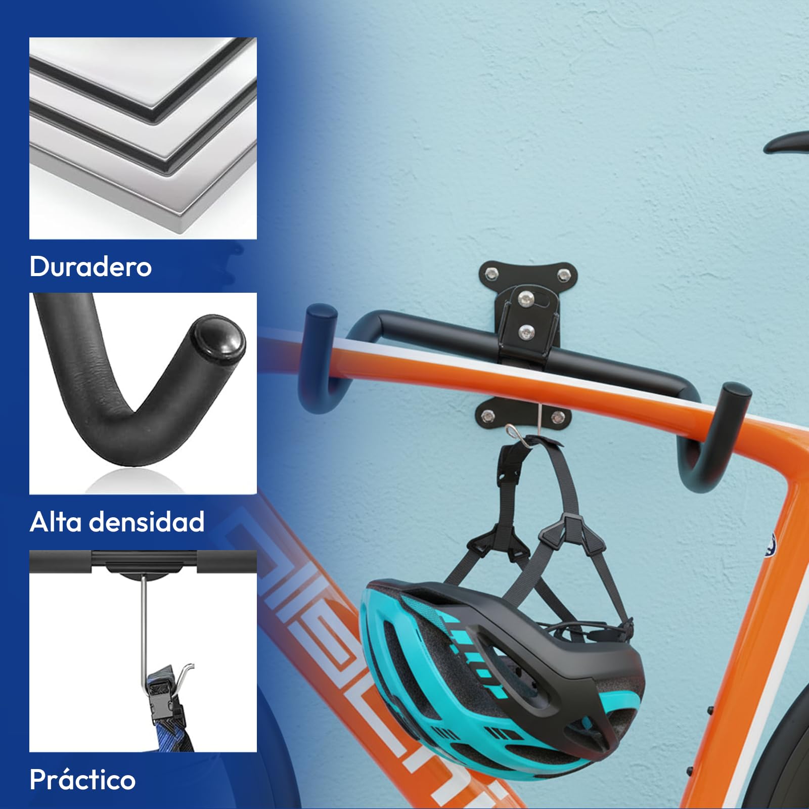 Samos® Soporte Bicicletas Pared Plegable – Colgador de Bicicleta de Universal con Ganchos Revestidos y Estructura de Acero – Soporte Pared Bicicleta Ajustable para Montaña, Carretera o Paseo